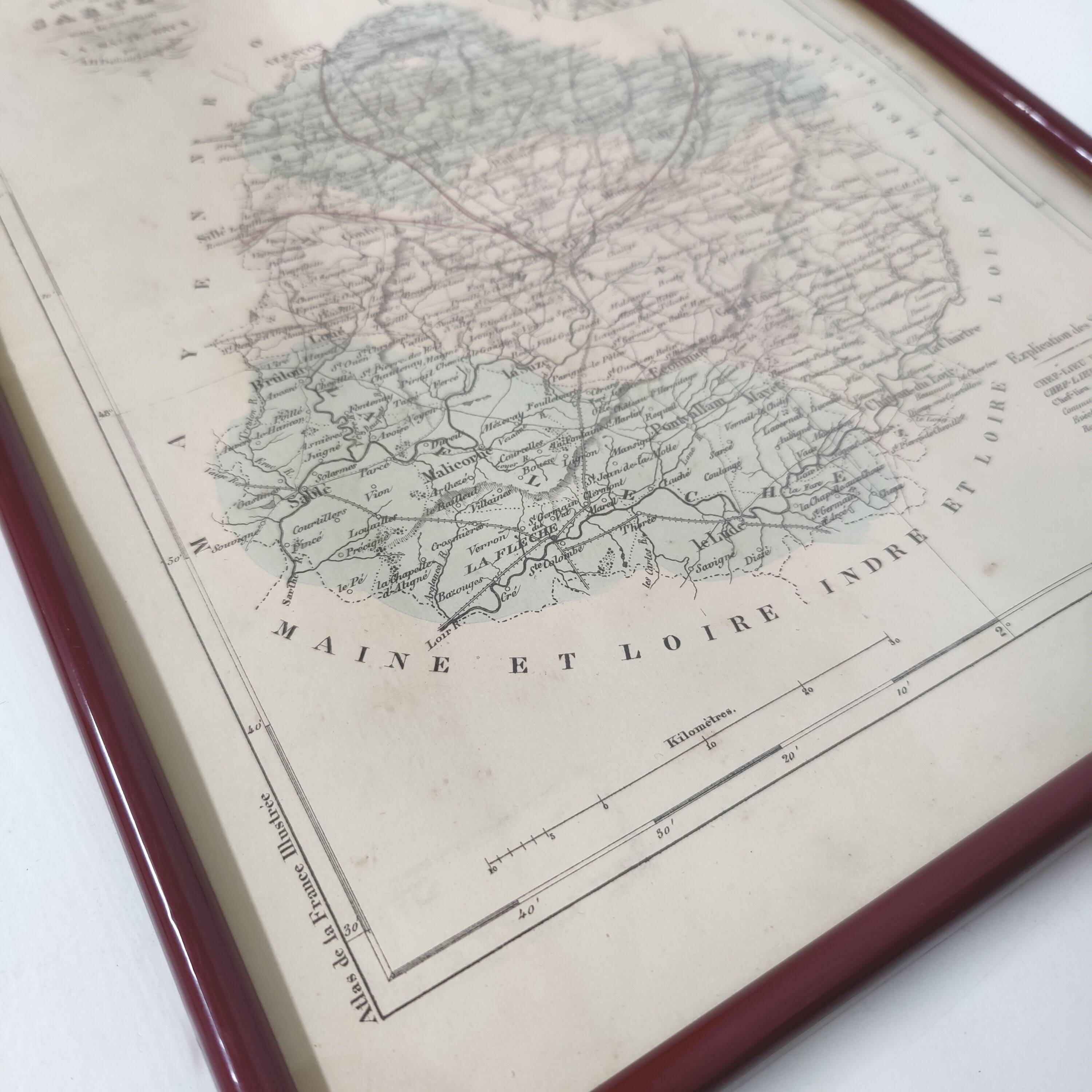 Engraved map of Sarthe wooden frame old plan of Le Mans