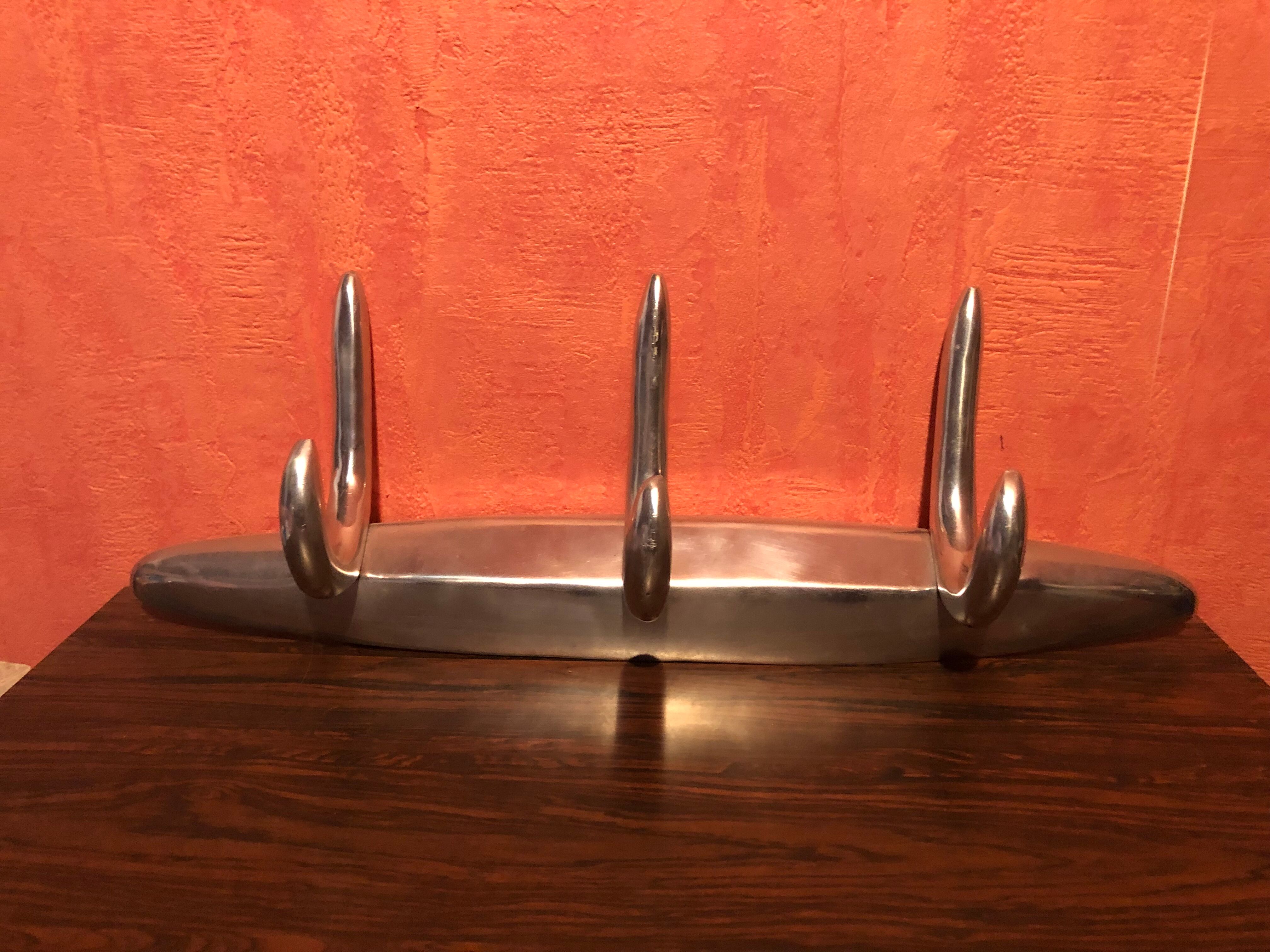 Old wall coat rack 3 patères doubles metal chrome design vintage