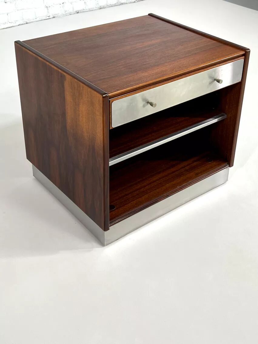 Vintage bedside table in rosewood and brushed aluminum