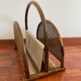 Magazine rack in curved wood, fabric and canework