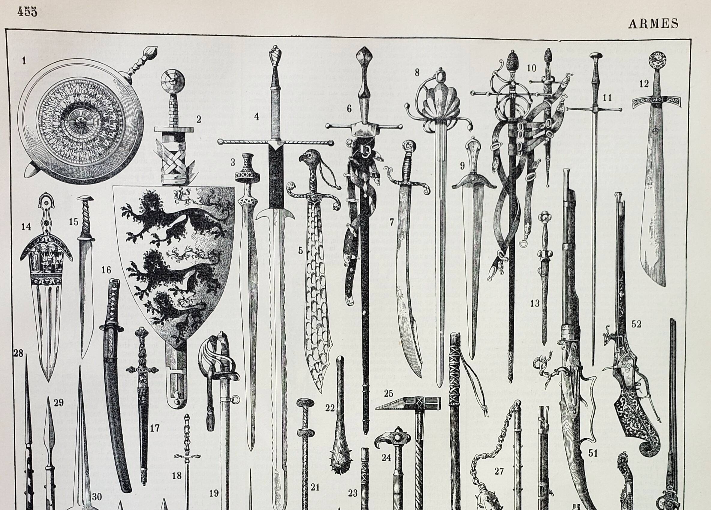 Old lithograph 1898, Ancient weapons, sword, pistol, knife • Engraving, Original plate