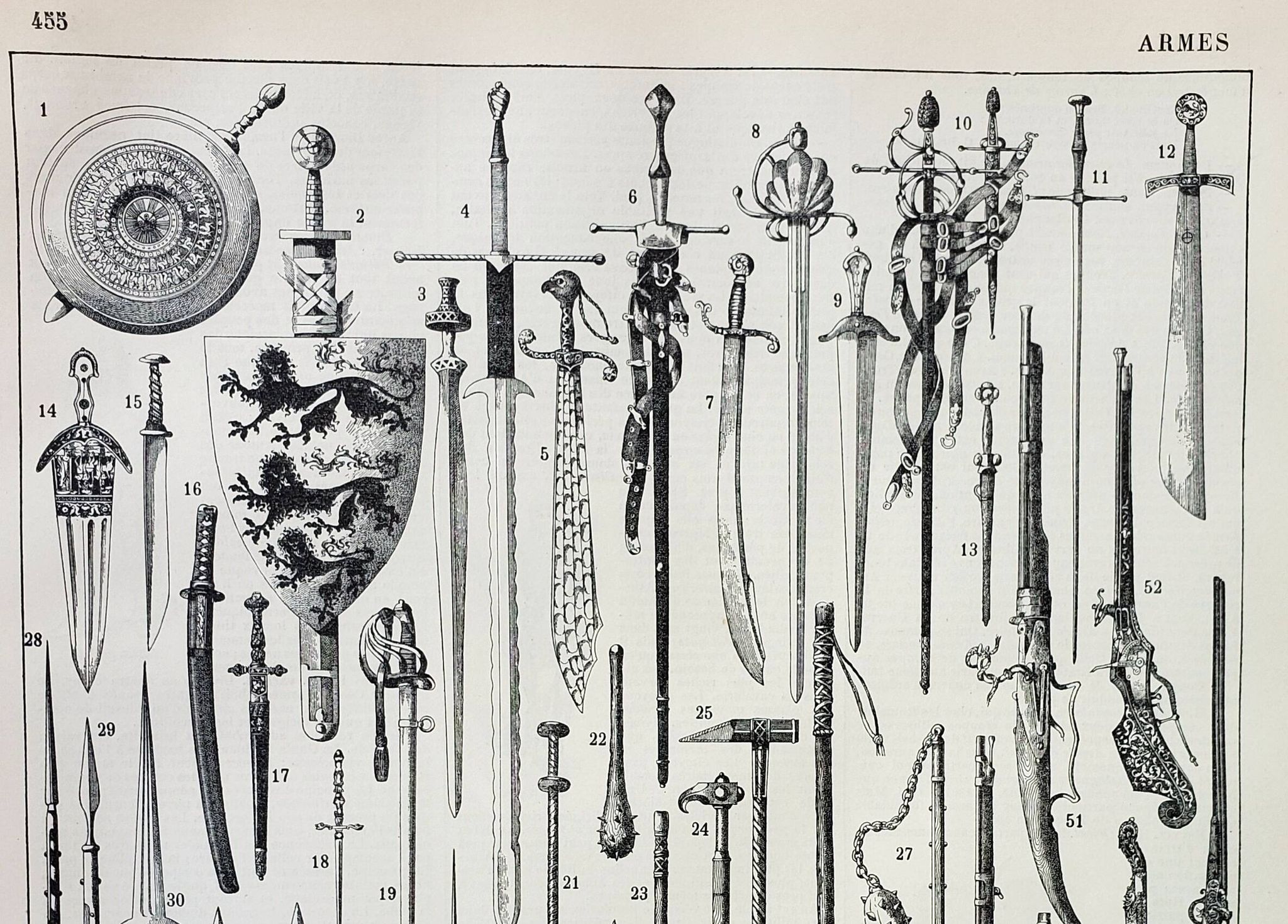 Lithographie ancienne 1898, Armes anciennes, épée, pistolet, couteau • Gravure, Planche originale