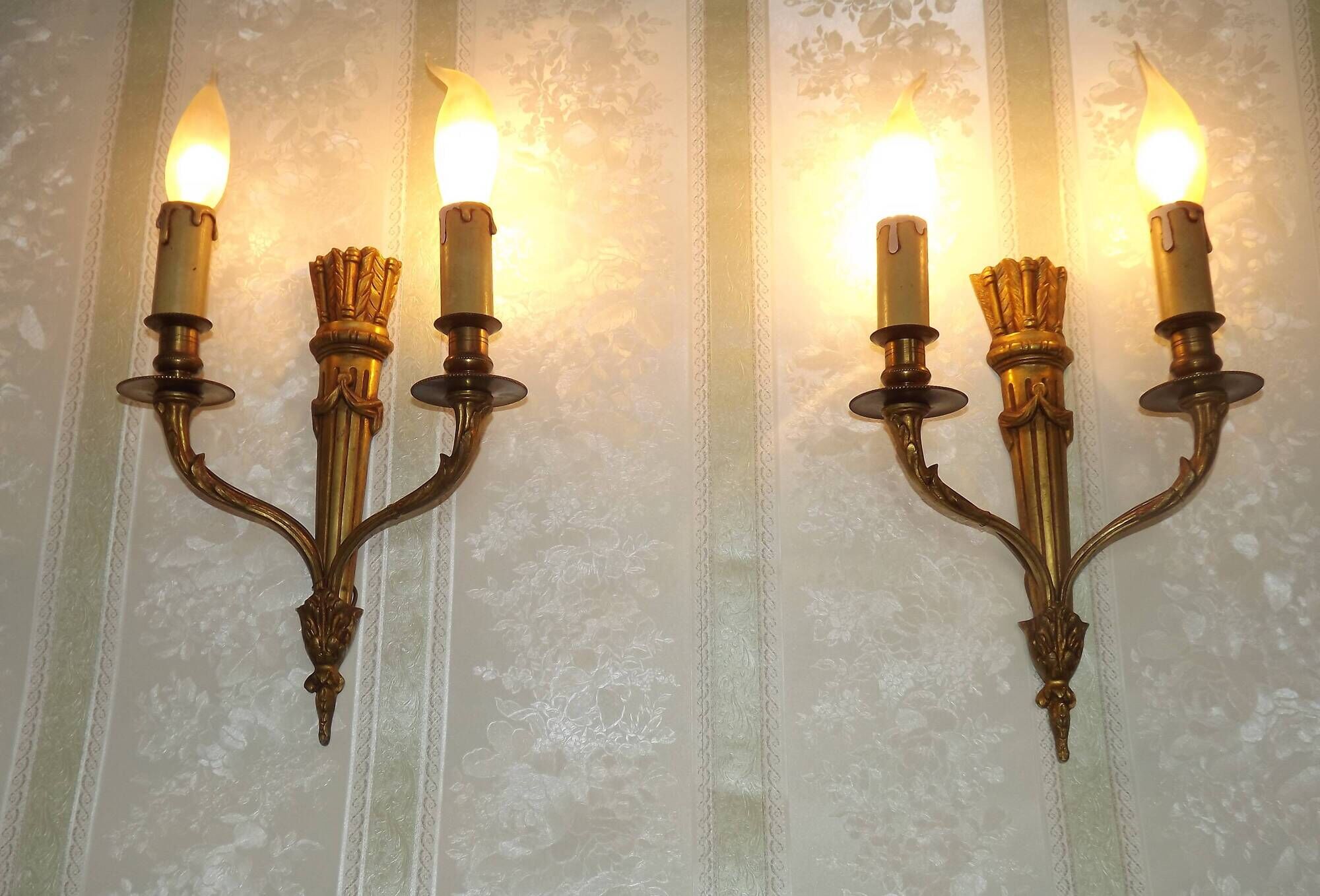 Elegant Pair French Antique Bronze Empire Arrow Style Double Wall Lights 4841