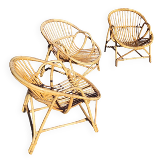 Lot de 3 fauteuils en rotin des années 70