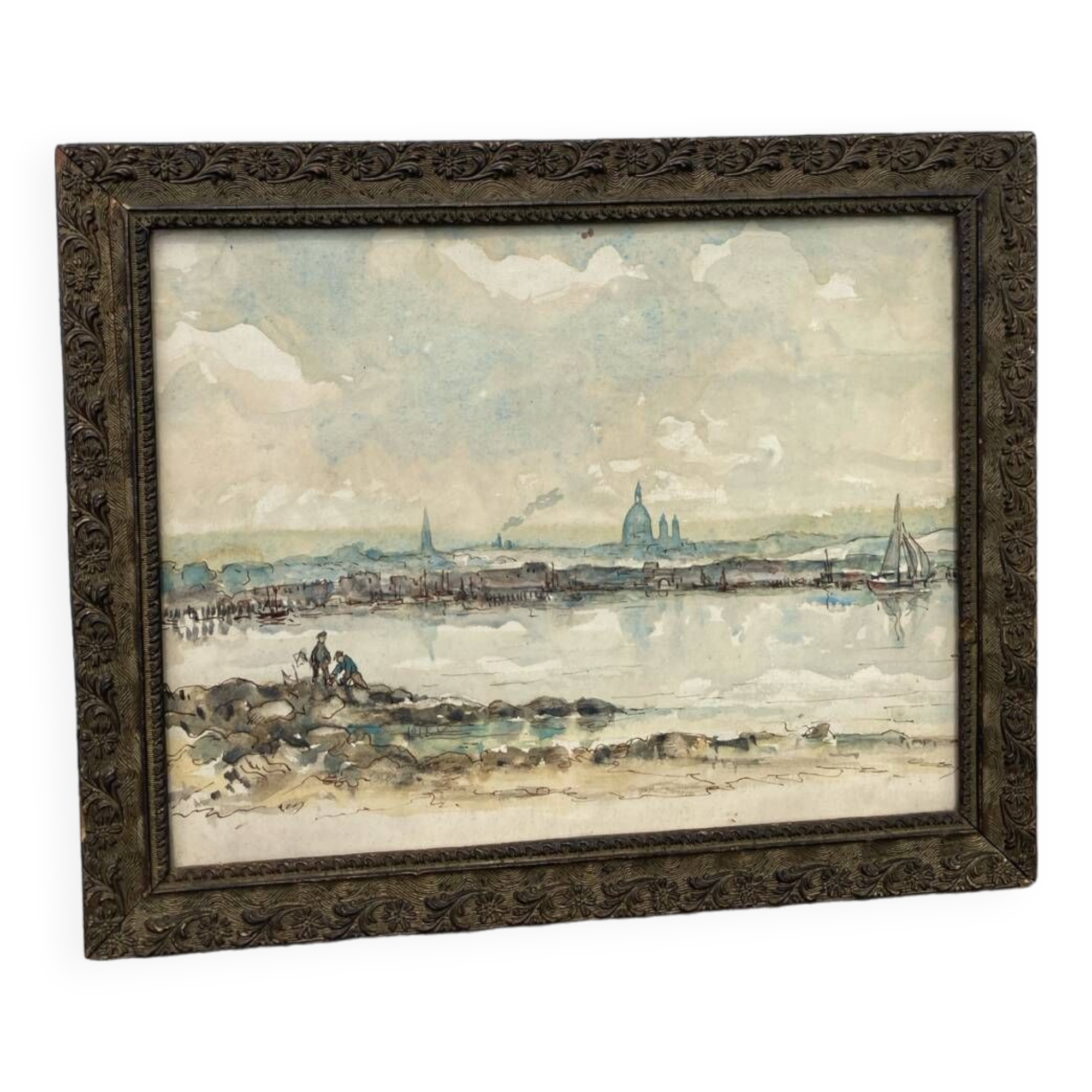 Watercolor old shore golden frame