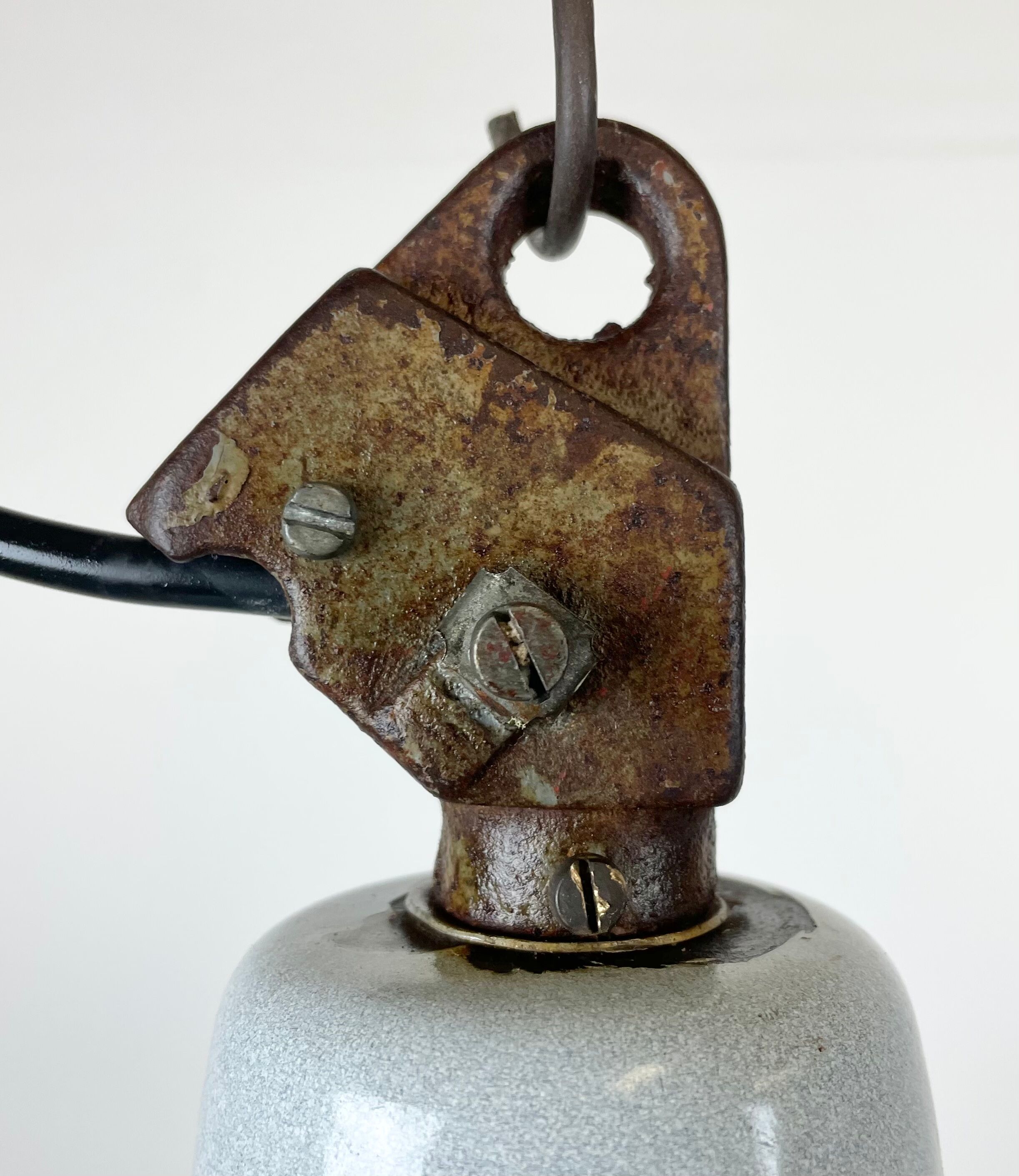 Industrial Grey Enamel Factory Lamp with Cast Iron Top, 1960s