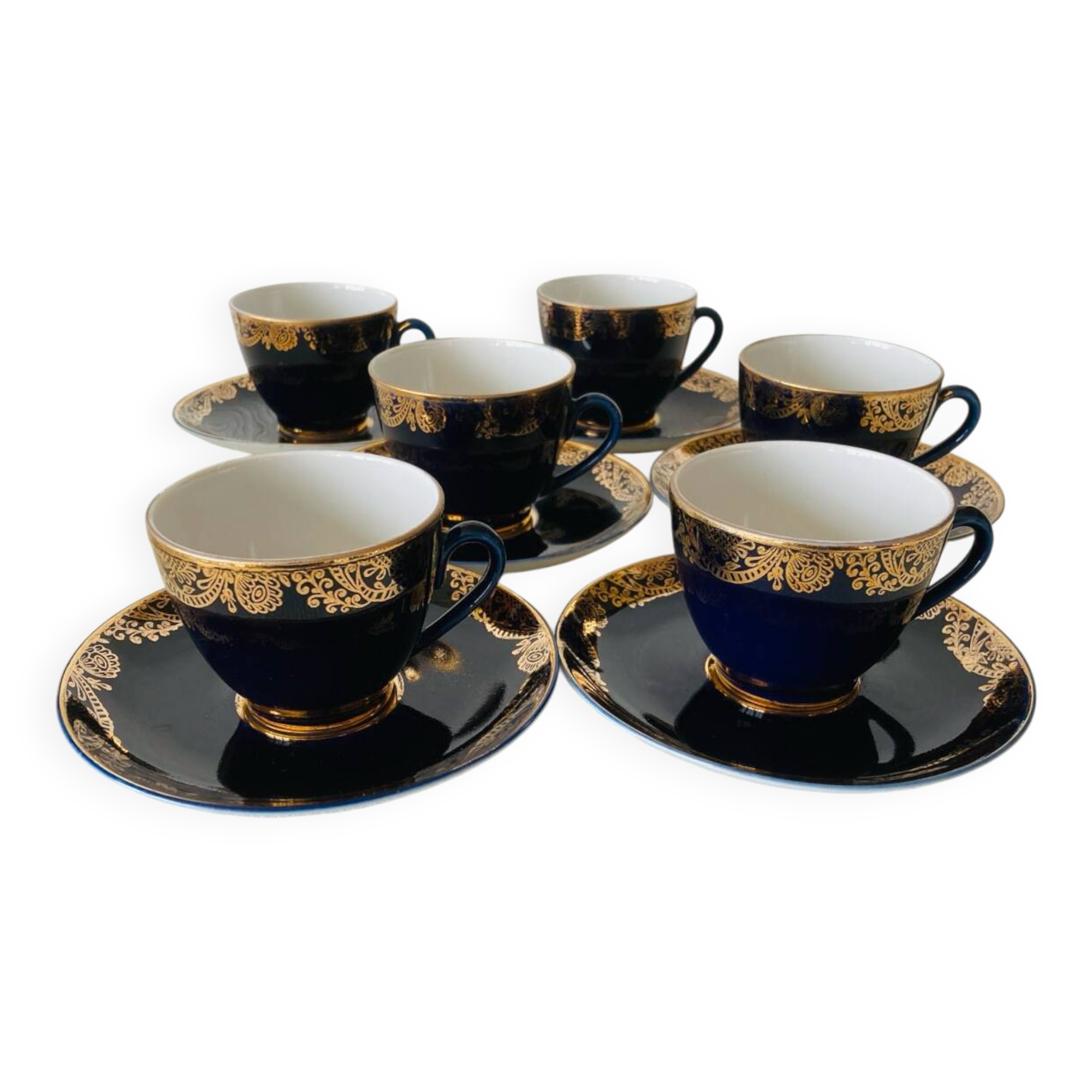 6 Lomonosov Cups and Saucers in Cobalt Blue with Gold Trim