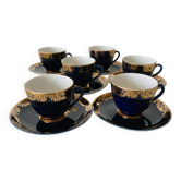 6 Lomonosov Cups and Saucers in Cobalt Blue with Gold Trim