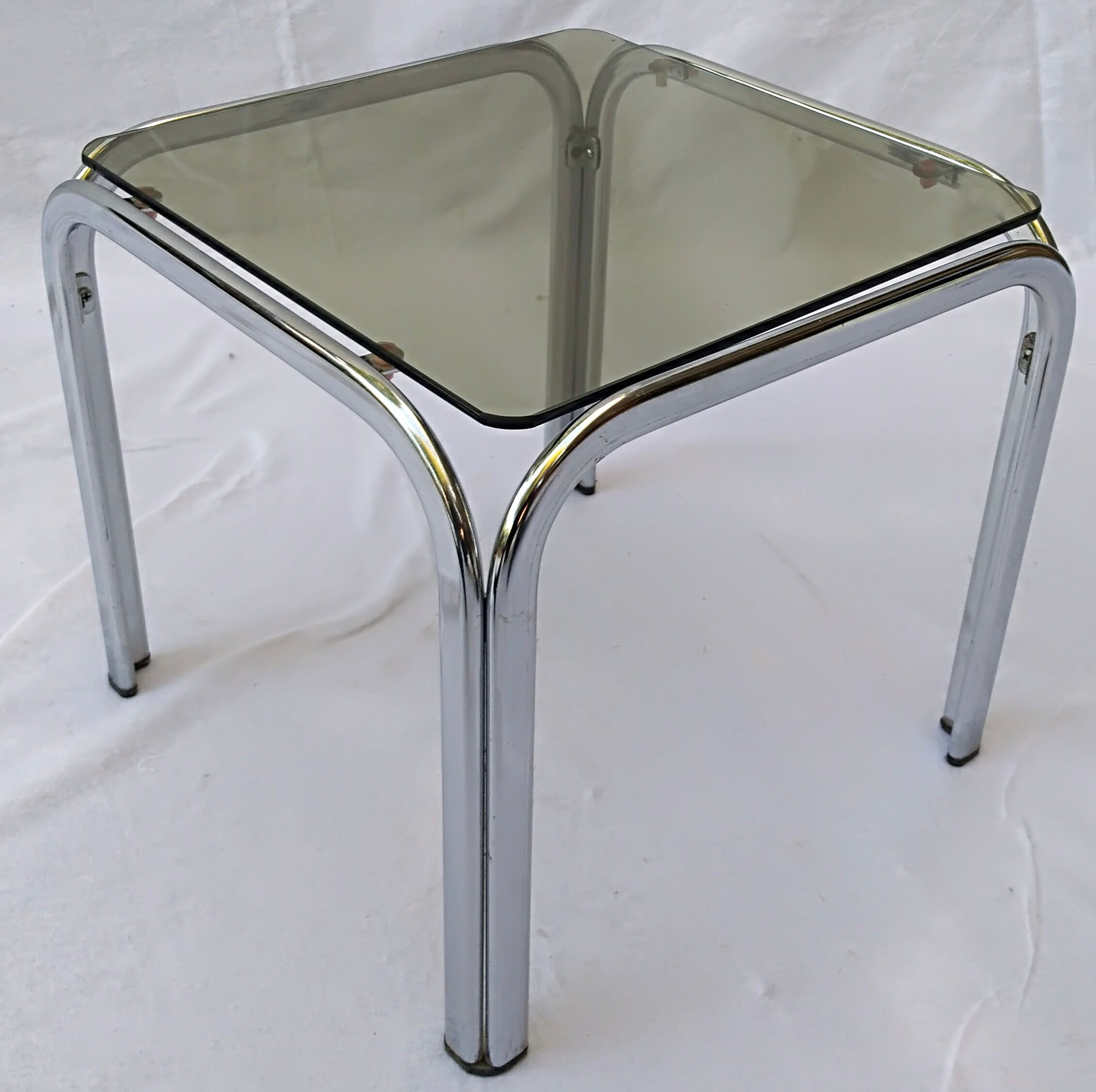 Square coffee table chromed metal and smoked glass