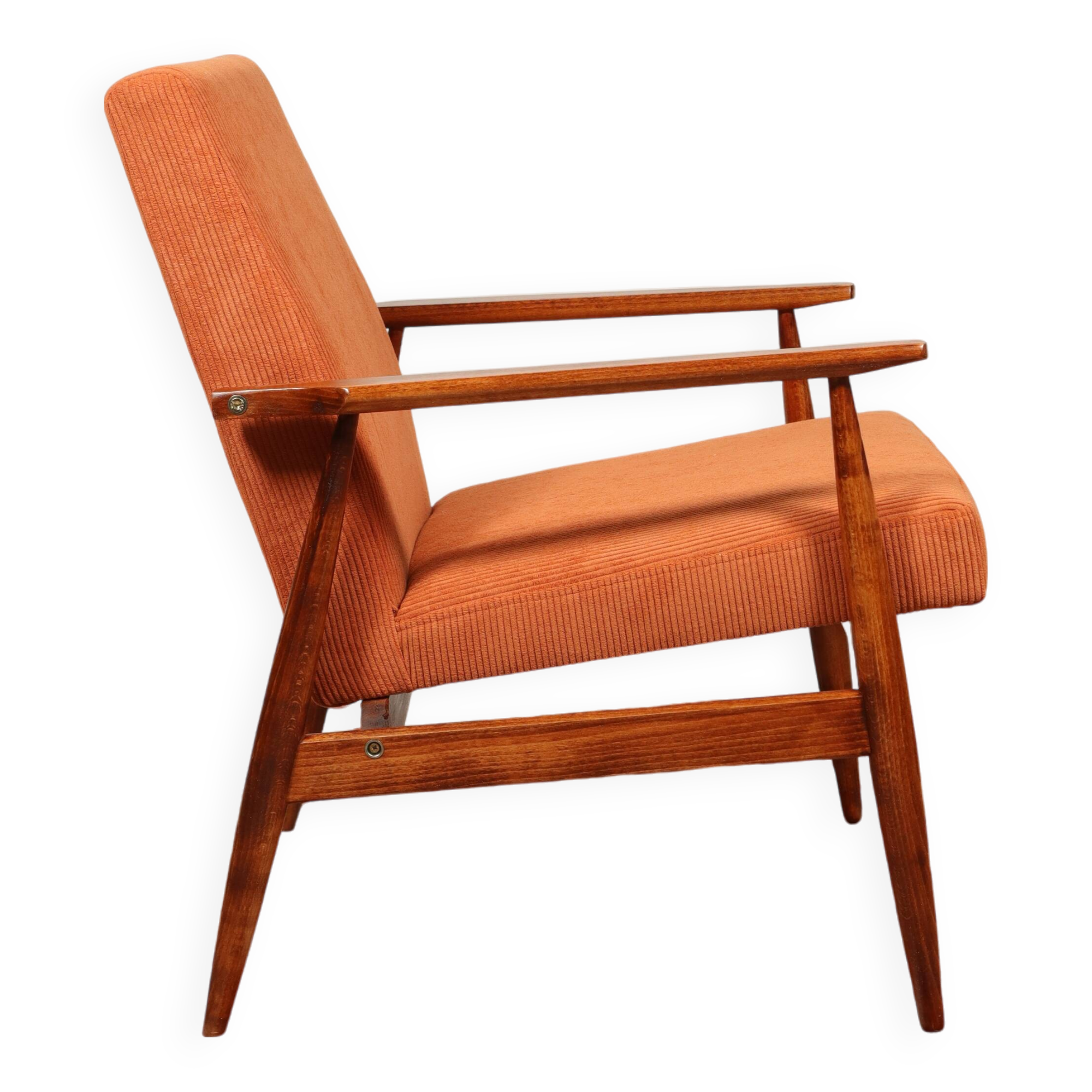 Vintage armchair orange burt corduroy upholstery , Henryk Lis, 1960, Poland