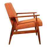 Vintage armchair orange burt corduroy upholstery , Henryk Lis, 1960, Poland