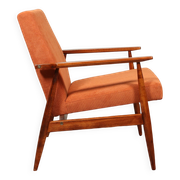 Vintage armchair orange burt corduroy upholstery , Henryk Lis, 1960, Poland