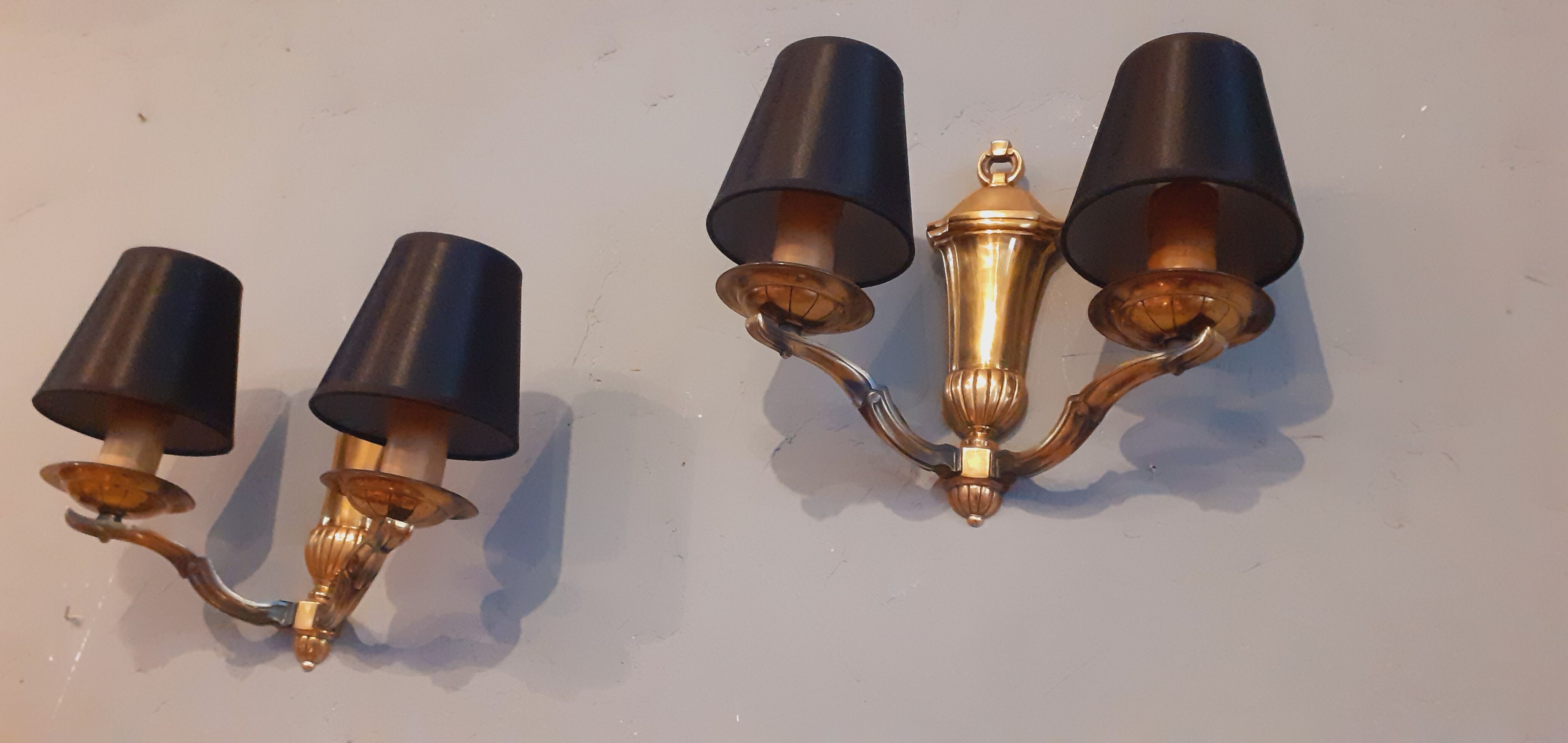 Pair of wall lamps double year 50 in bronze neo-classical style signed Petitot