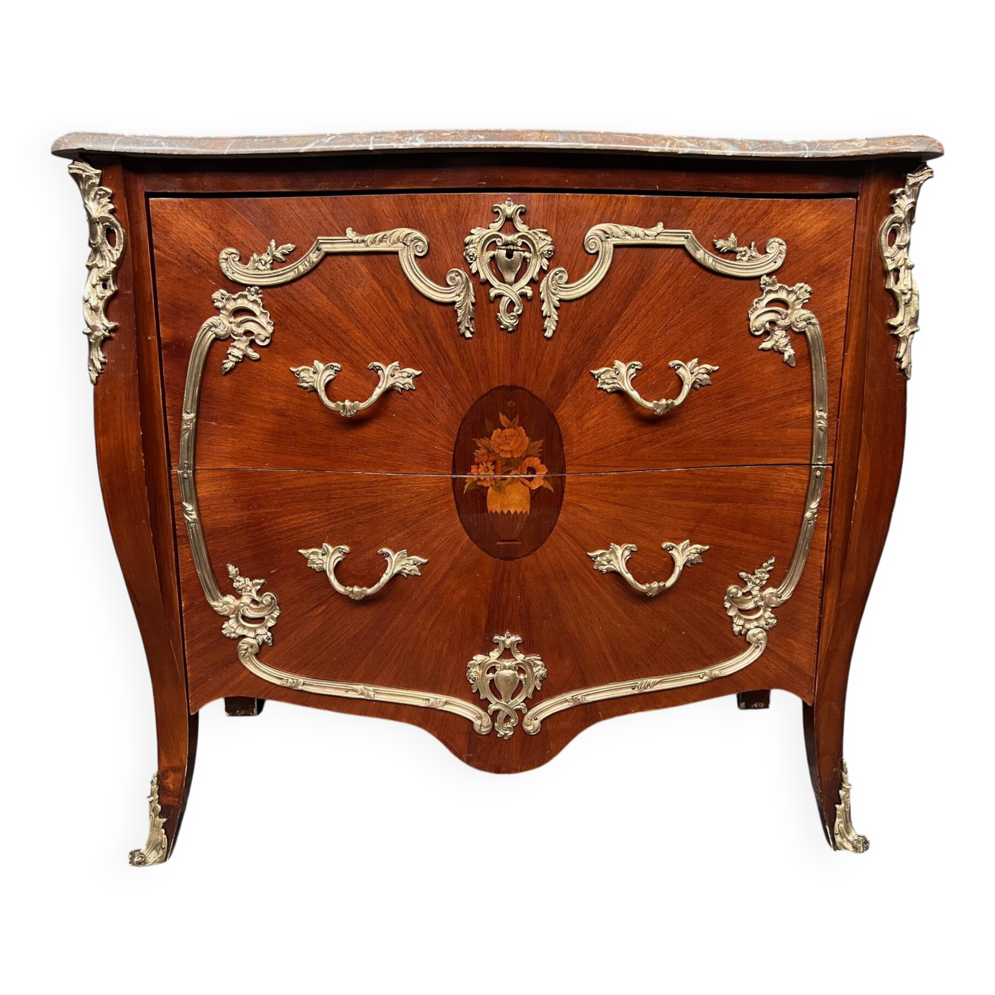 Louis XV style commode. Marquetry, gilded bronze decoration.