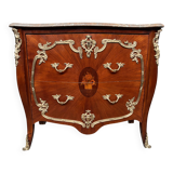 Louis XV style commode. Marquetry, gilded bronze decoration.