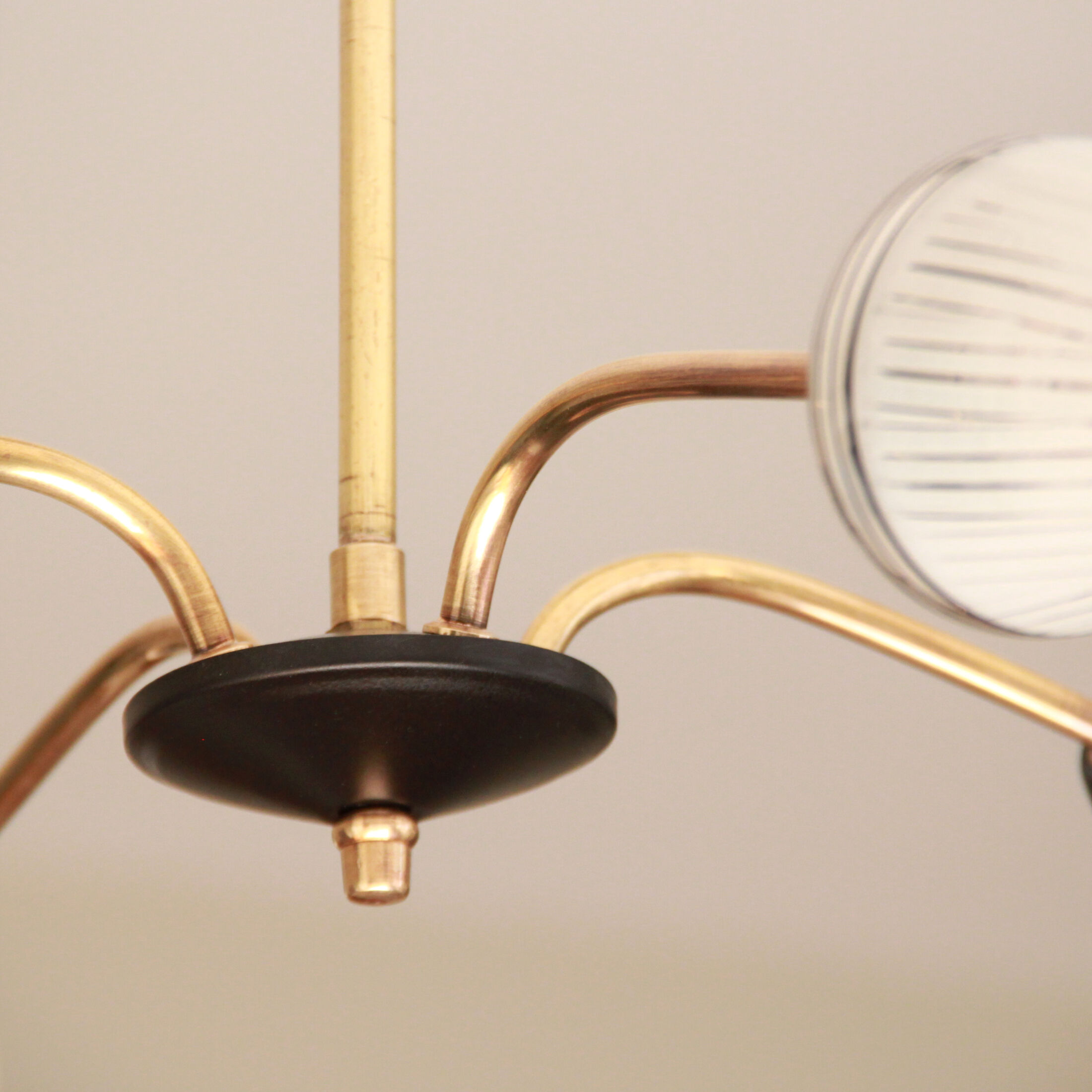 Suspension chandelier brass 4 branches tulips glass 1950 1960