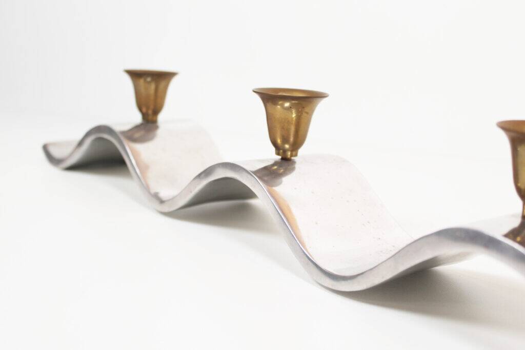 Brutalist 1990s 'Wave' aluminium and brass candelabra