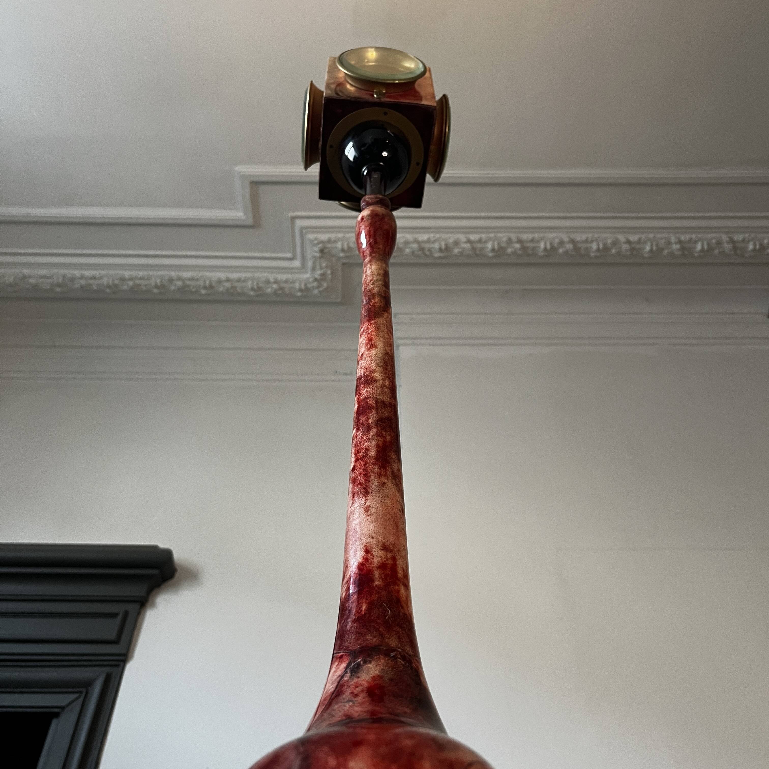 'bird' floor lamp by aldo tura, red goatskin parchment, ca 1950