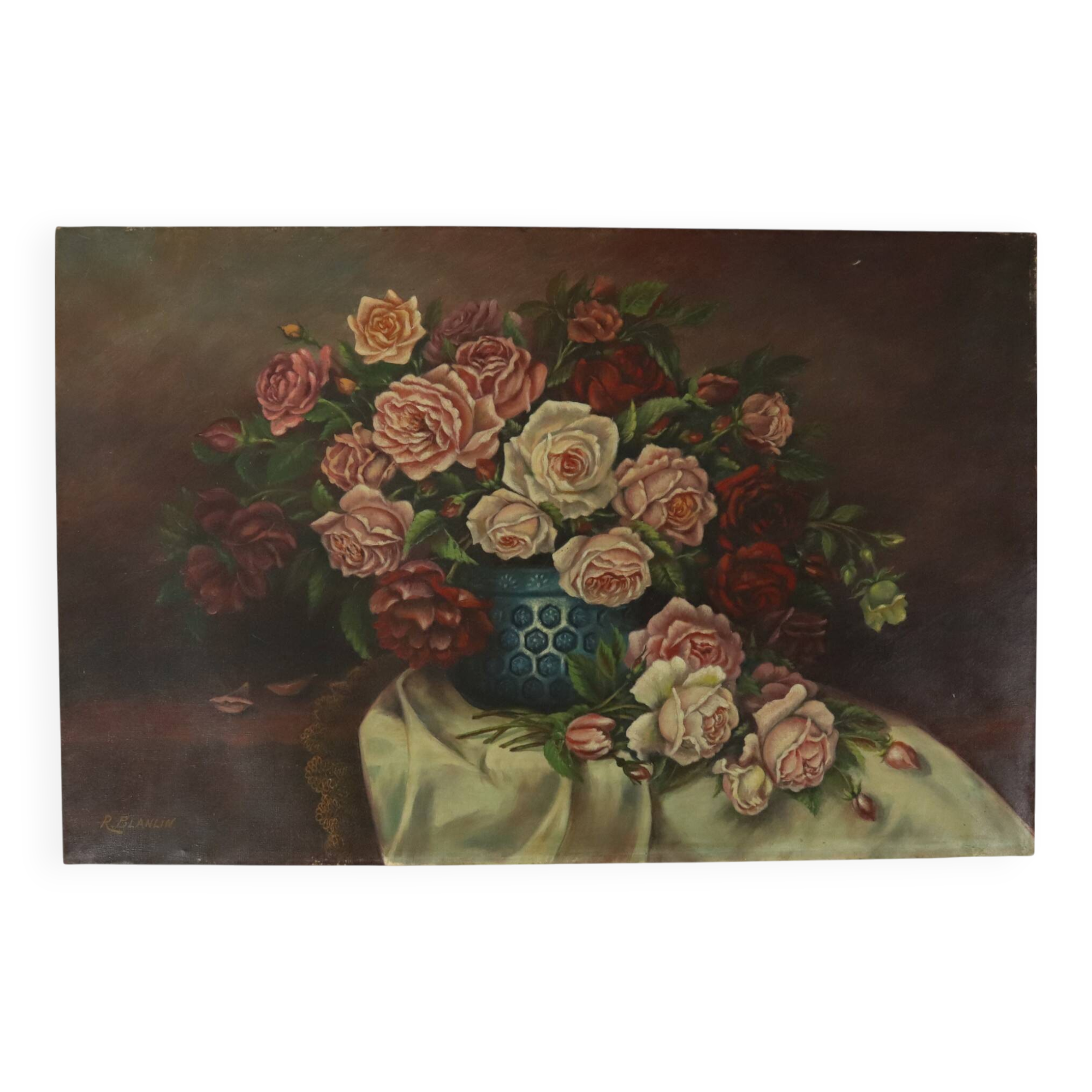 Large Floral Still Life Painting Roses Bouquet Signed R. Blanlin