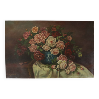 Large Floral Still Life Painting Roses Bouquet Signed R. Blanlin