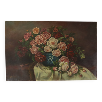Grande Nature Morte Florale Bouquet de Roses Signé R. Blanlin