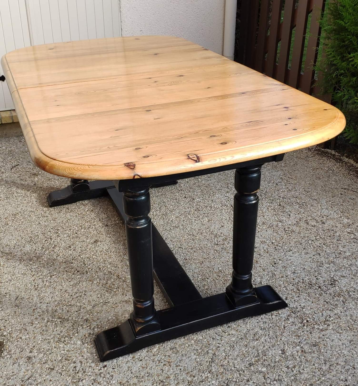 Table set and 6 solid pine chairs repainted and patinated black