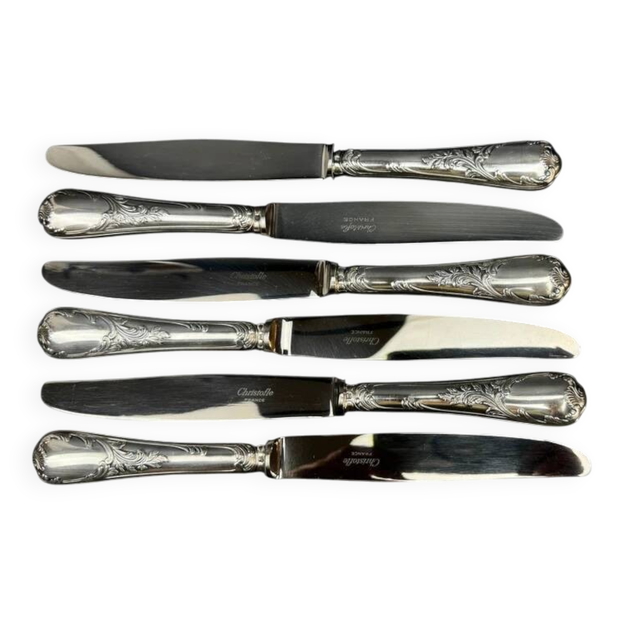 Lot de 6 couteaux de table Christofle modèle Marly – métal argenté – 24,5 cm