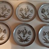 6 assiettes plates vintage en grès série de six marquées Longchamp