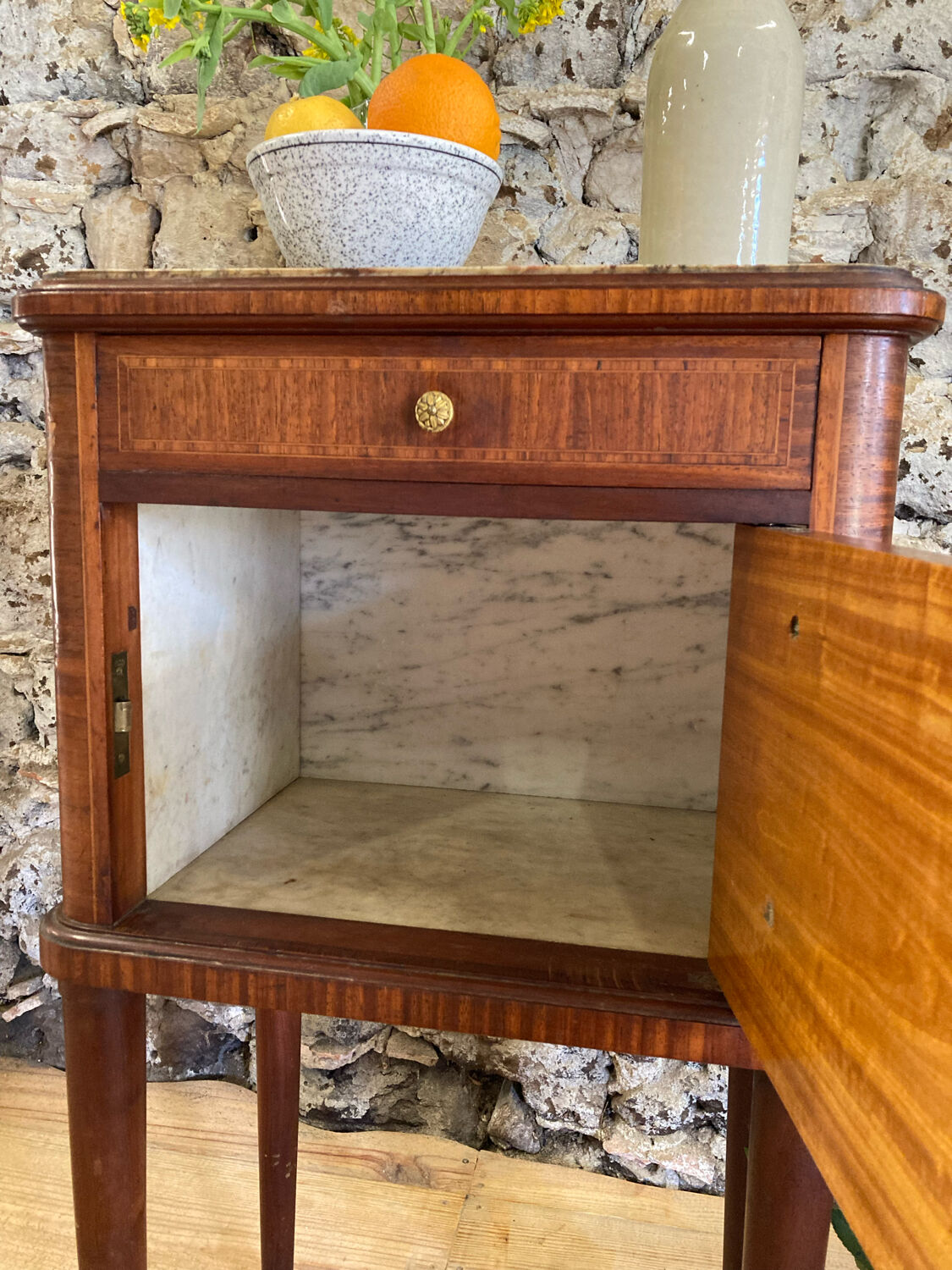 Louis XVI bedside in antique exotic wood marquetry / or harness