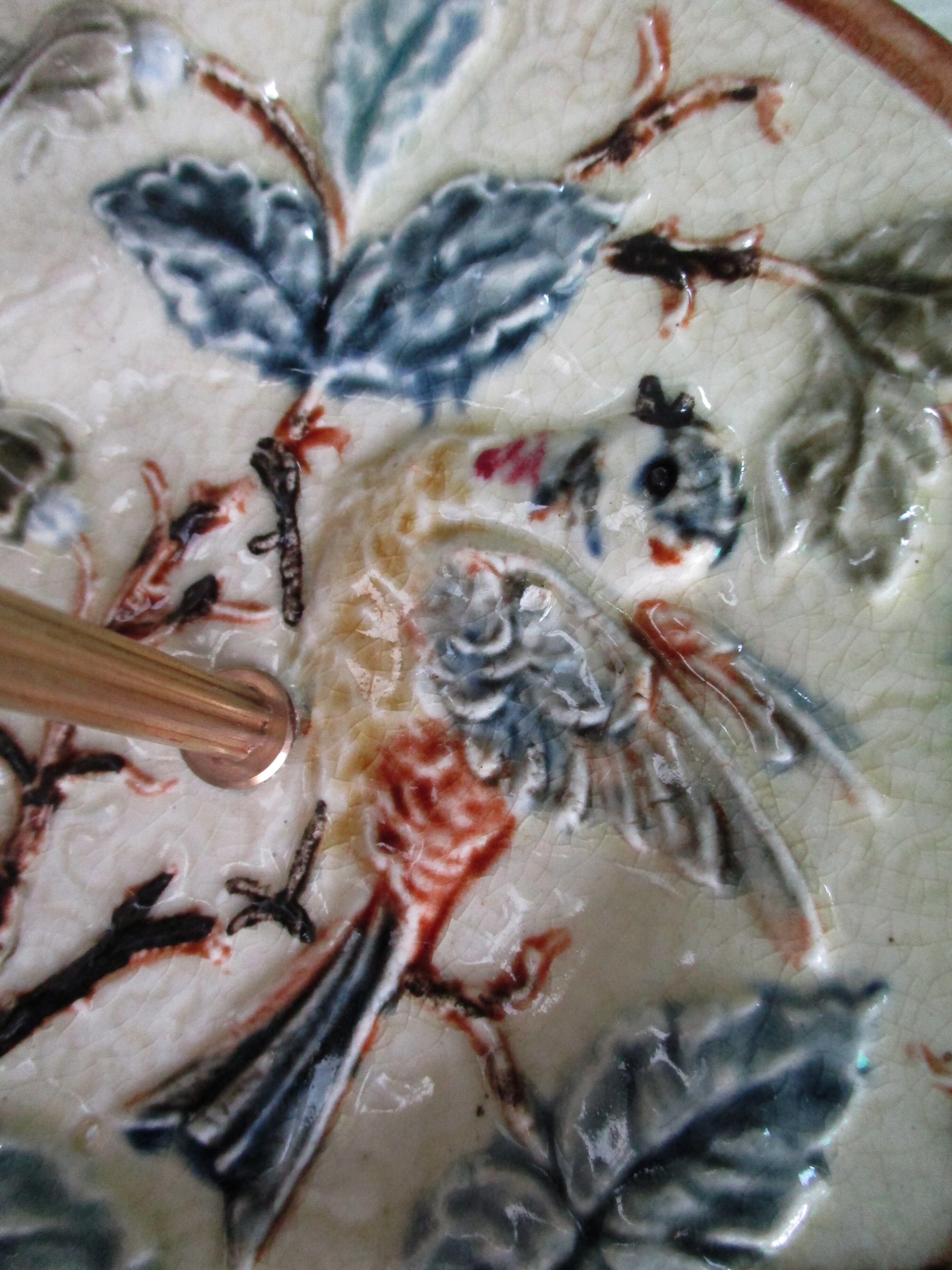 Presentation plate, barbotine and gilded brass