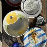 3 large Italian plates with blue stripes and lemons pattern