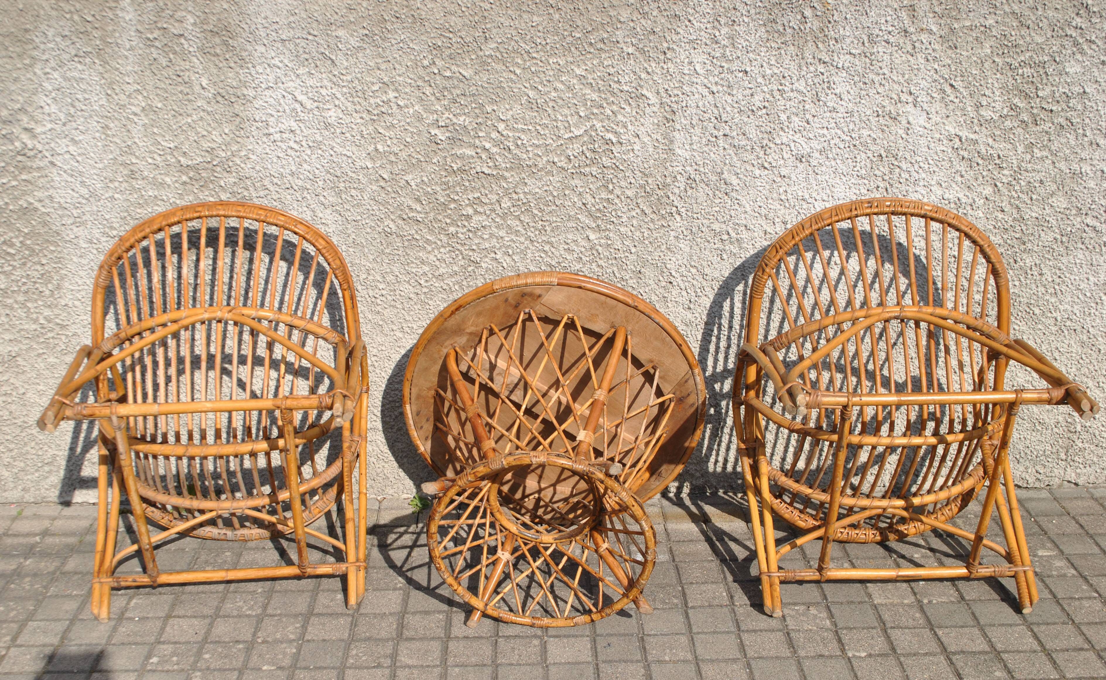 Vintage balcony garden furniture armchairs and table bamboo and rattan 1960