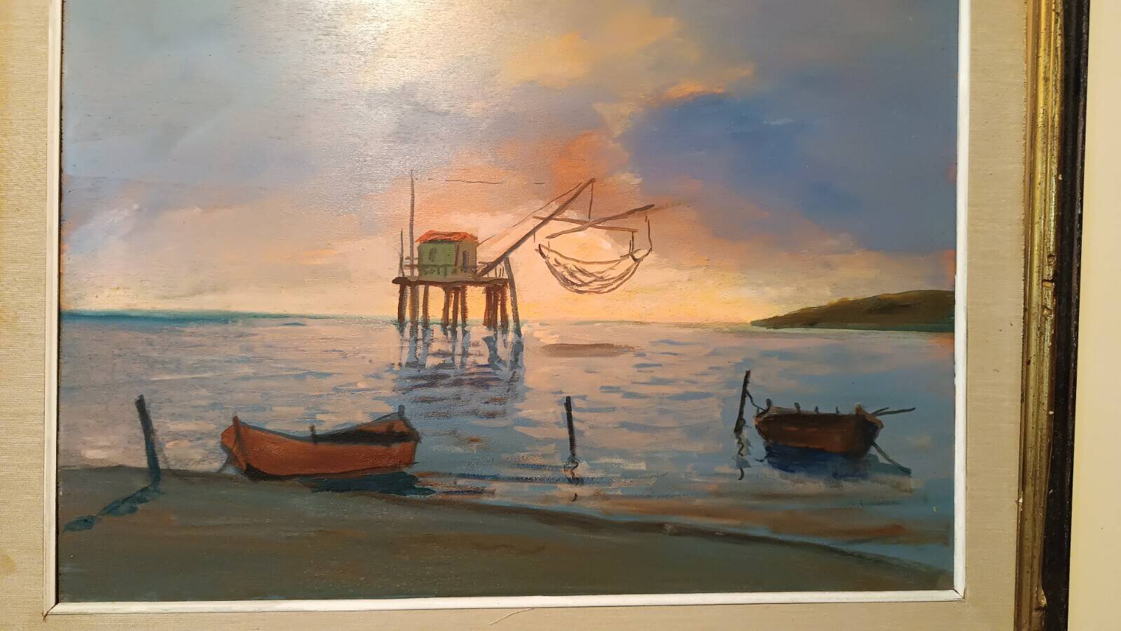 Oil painting on faesite 70s mouth of the Arno Pisa