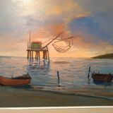 Oil painting on faesite 70s mouth of the Arno Pisa