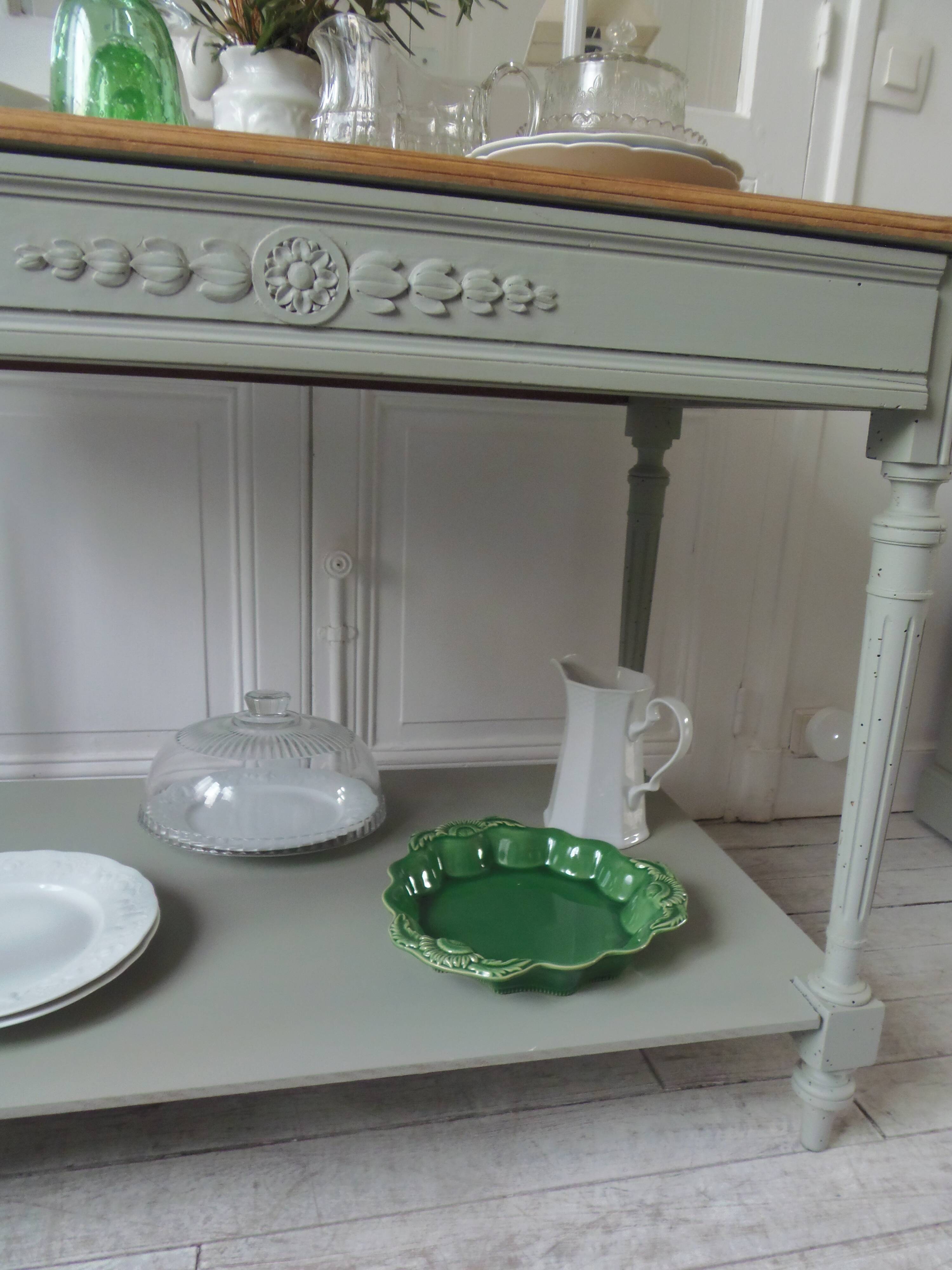 Louis XVI style desk and serving trolley in beautifully crafted verdigris walnut.
