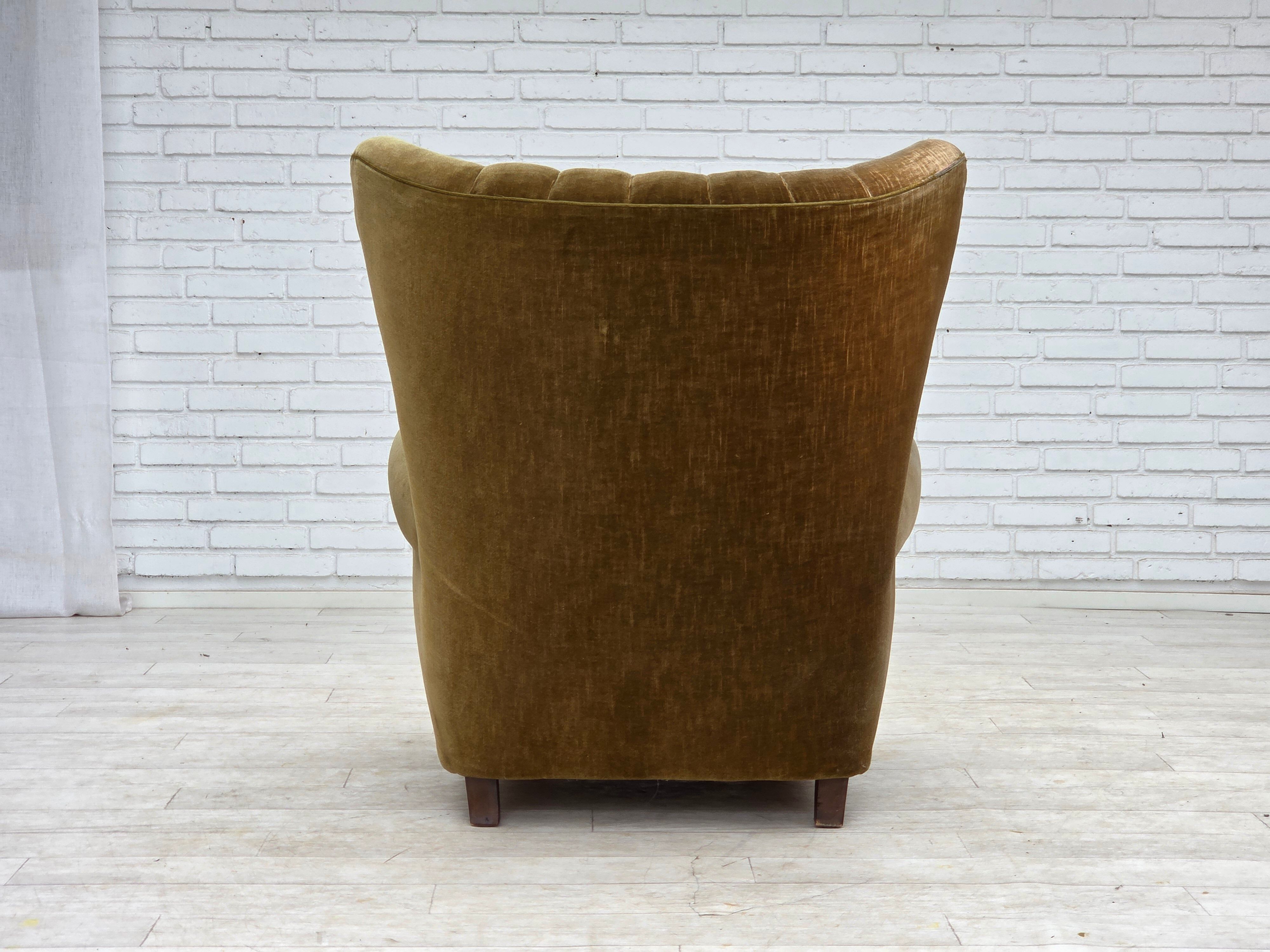 1960s, Danish highback relax armchair, green furniture velour.