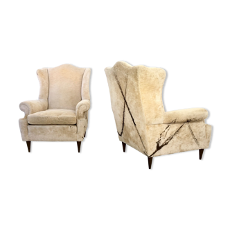 Pair of Unique Midcentury Beige Velvet Armchairs with a Black Cross, Italy 1950s