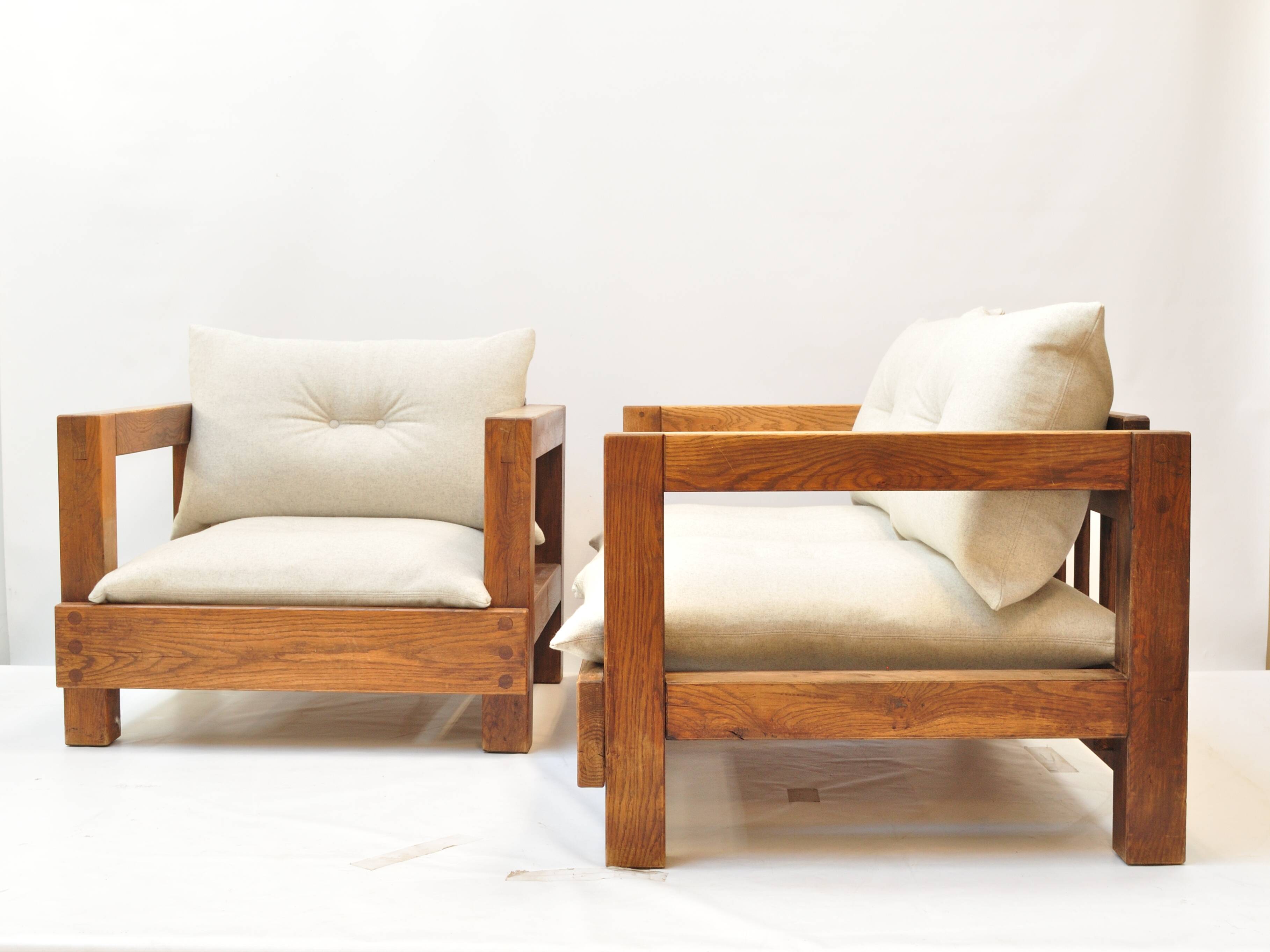 Solid oak seating ensemble rebuilt in 100% virgin wool — two sofas and loun
