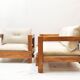Solid oak seating ensemble rebuilt in 100% virgin wool — two sofas and loun