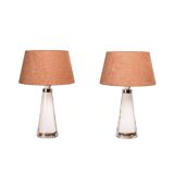 Carl Fagerlund white glass table lamps and dark ochre shades for Orrefors Sweden