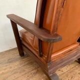 PAIR OF BRUTALIST ARMCHAIRS IN TEAK AND VINTAGE COGNAC LEATHER FROM THE 1950S