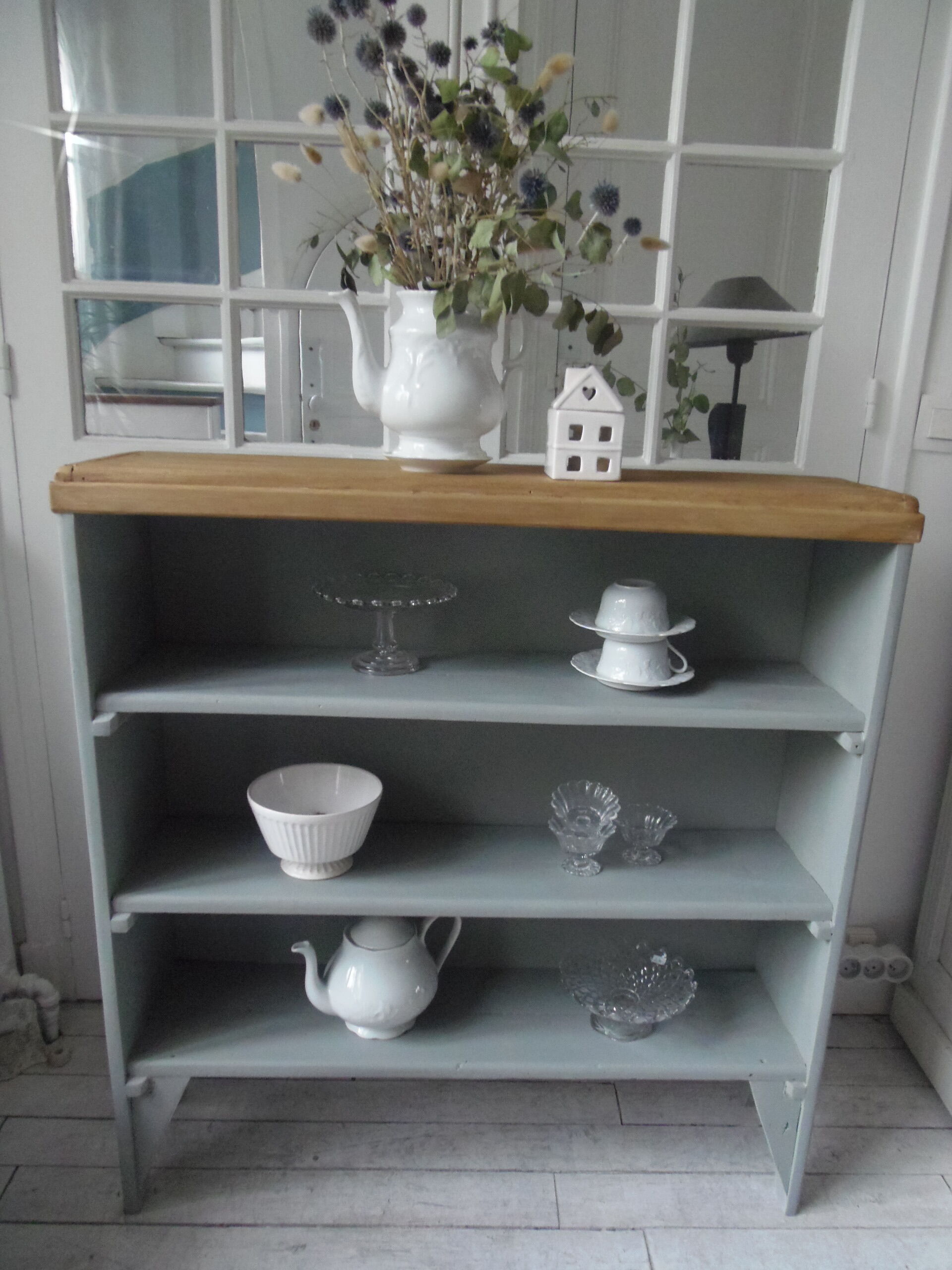 Vintage bookcase green of gray wooden top