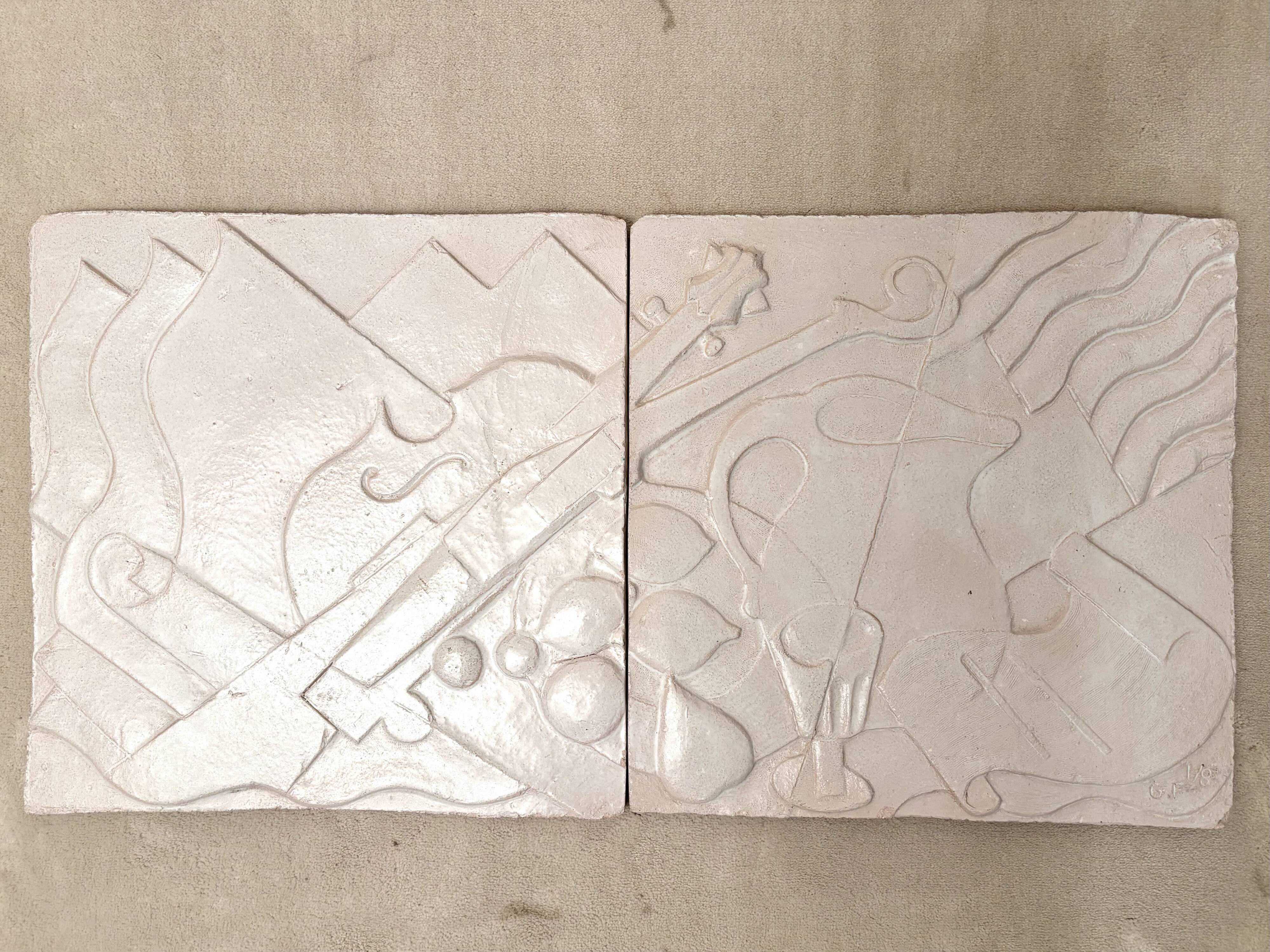 Set of 2 signed ceramic panels, still life, 1950