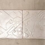 Set of 2 signed ceramic panels, still life, 1950