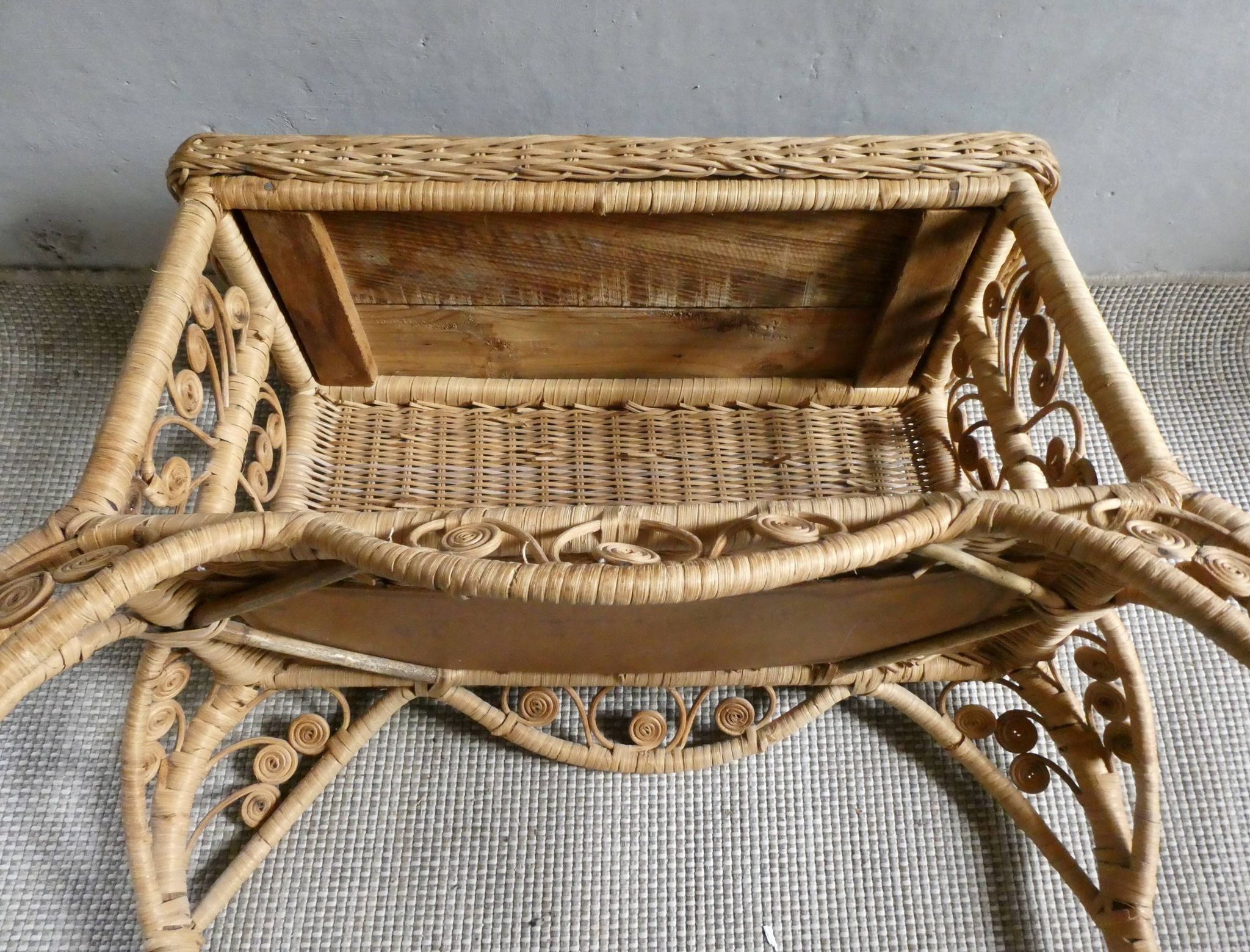 Wood and rattan bedside table, butterflies