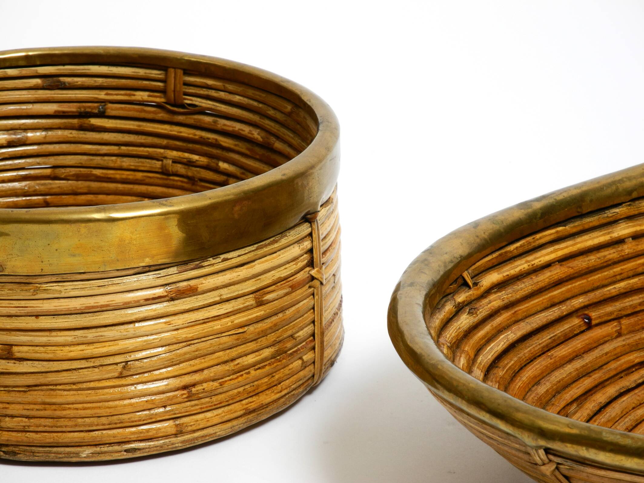 A pair of beautiful Italian Mid Century Modern bamboo bowls with brass rims