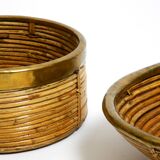 A pair of beautiful Italian Mid Century Modern bamboo bowls with brass rims