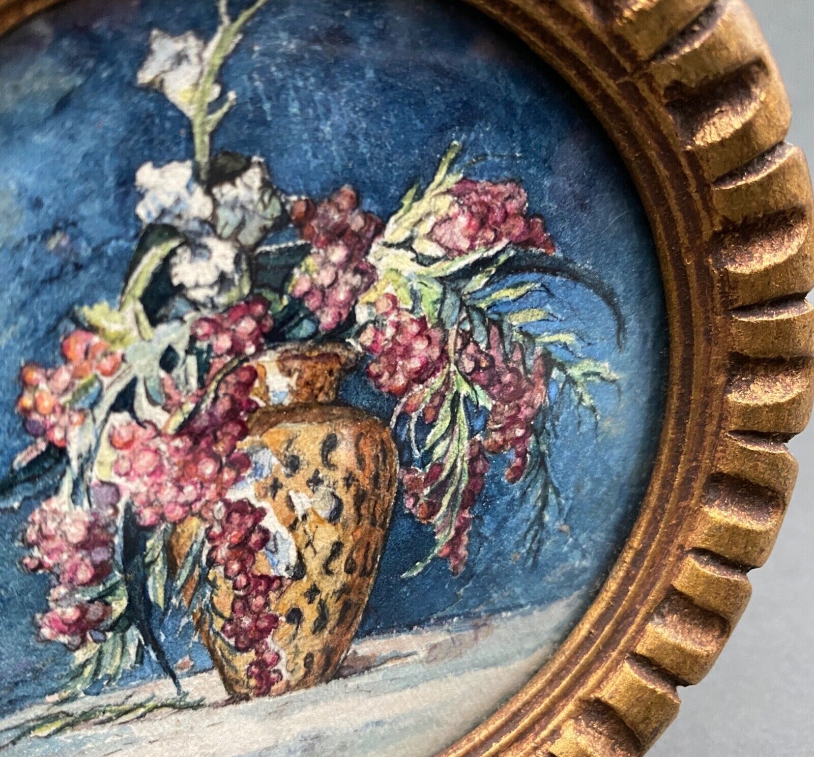 Miniature on paper still life bouquet of flowers golden frame 1900