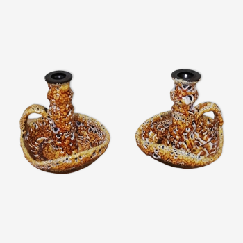 Pair of honey-colored Fat Lava ceramic candle holders
