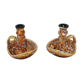 Pair of honey-colored Fat Lava ceramic candle holders